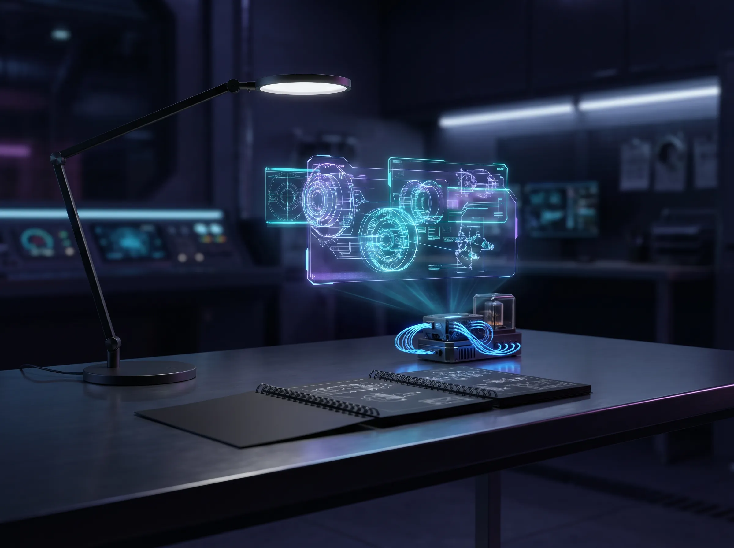 A dark inventor's workbench with a holographic blueprint projection glowing in cyan and violet