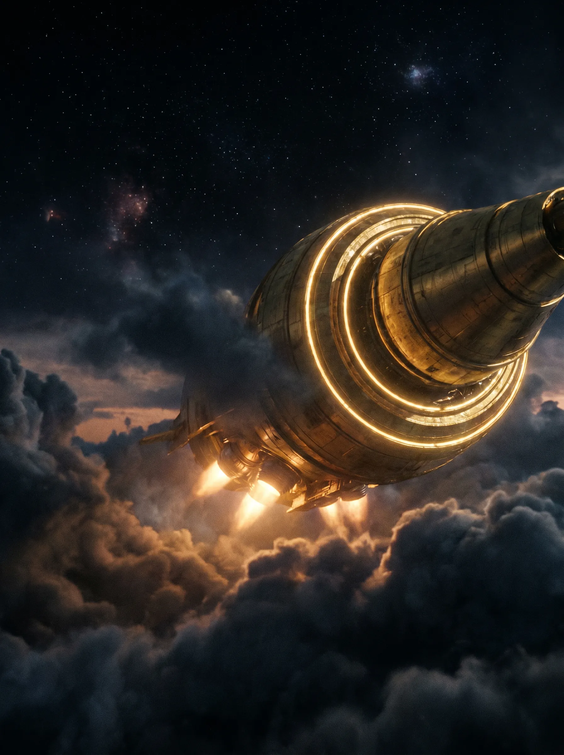 Cinematic artwork of a golden mothership rising through storm clouds into a starfield